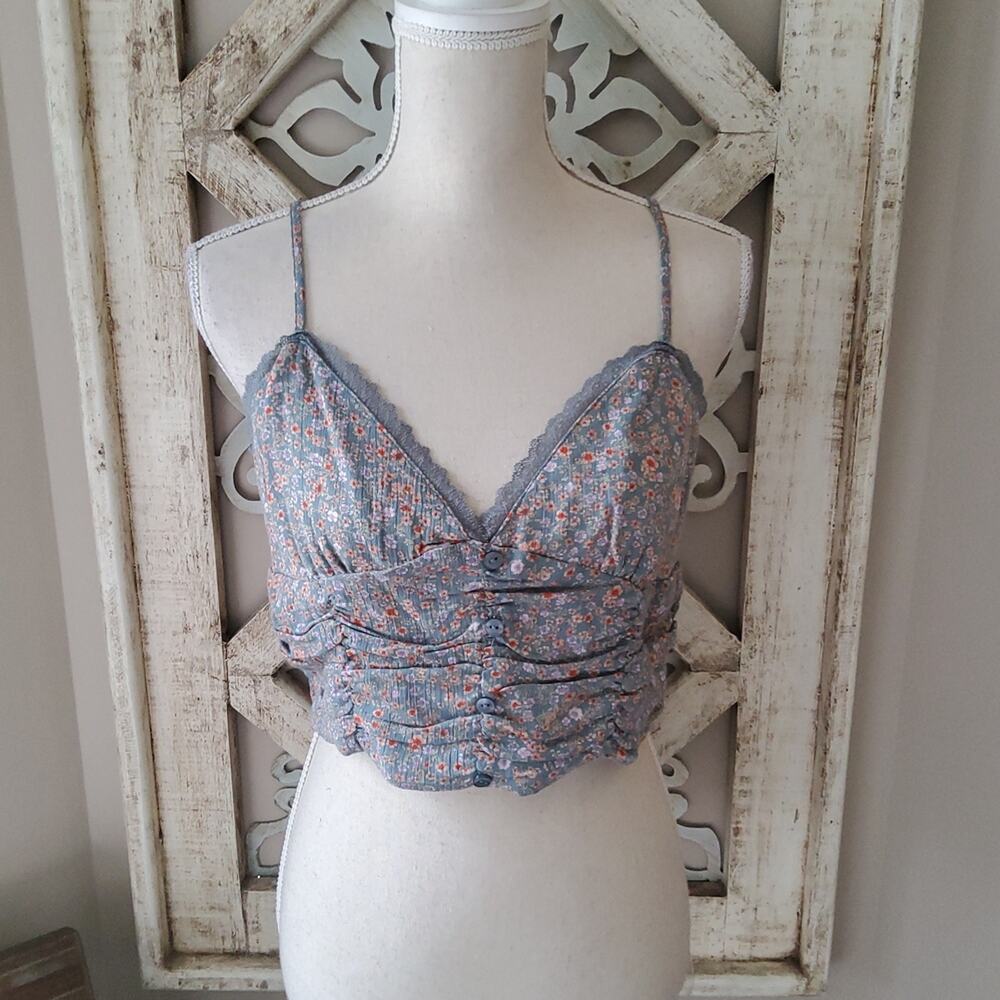 Pink Rose Teal Floral Button Front Ruched Crop Top Large Short Sleeve Y2K Retro